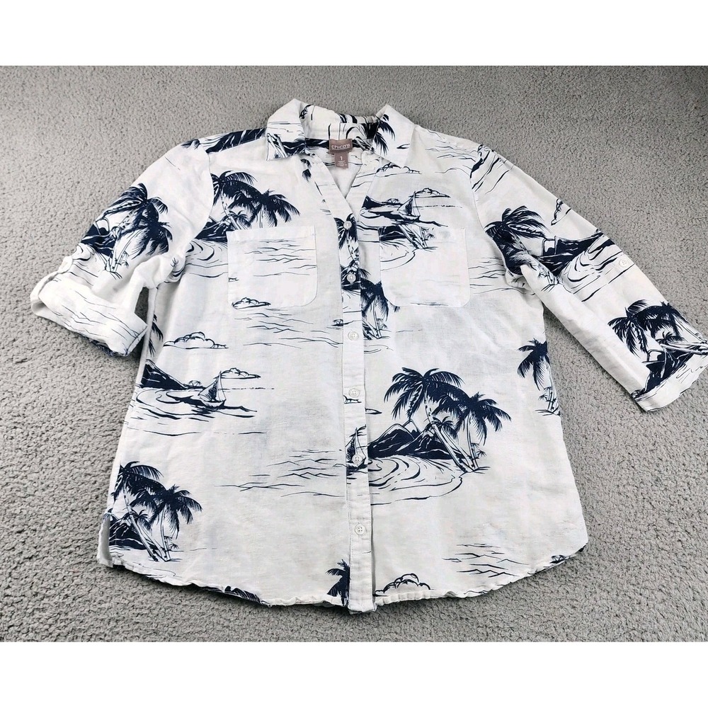 Chicos Linen Top Womens 1 M/L White Shirt Lagenlook Beach Resort Tropical Palm